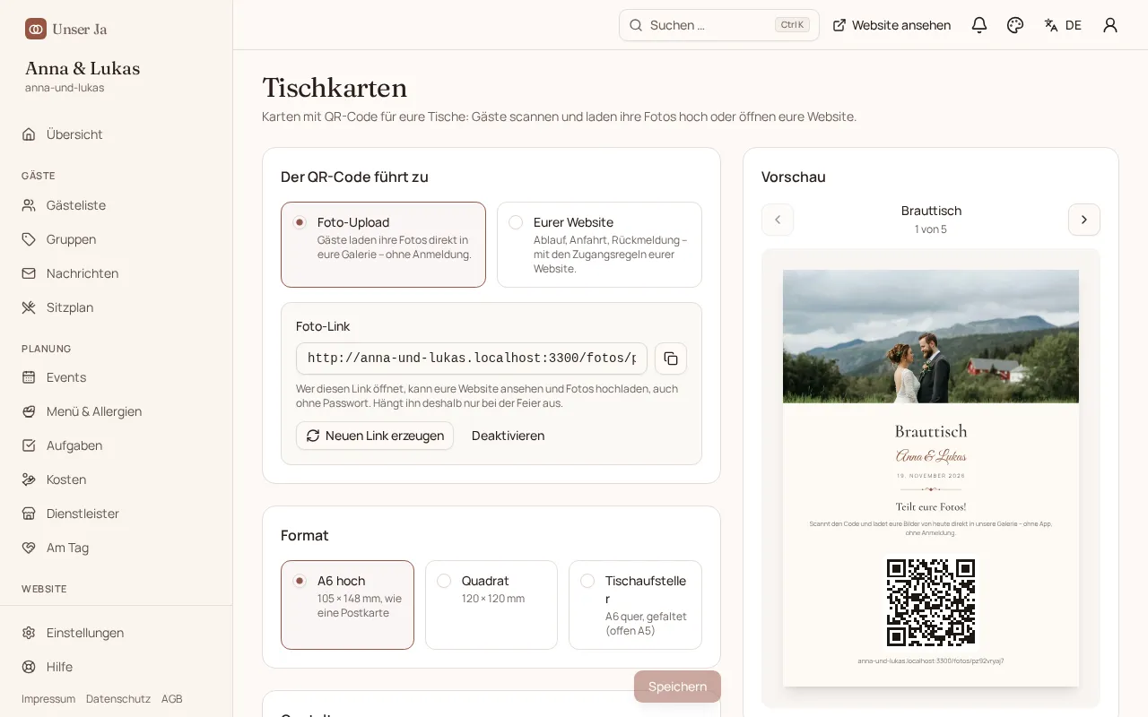Tischkarten-Editor mit Vorschau einer Karte für den Tisch „Rosengarten“