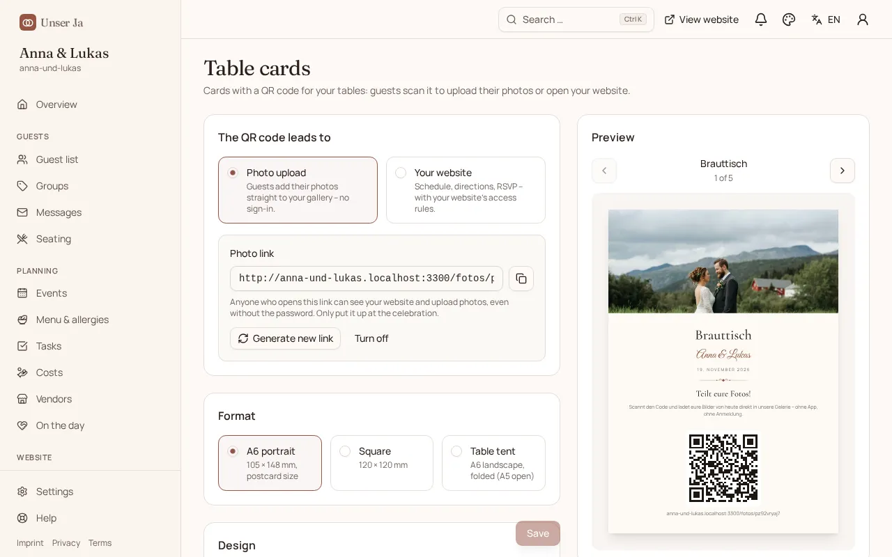 Table card editor with a preview of the card for the table “Rose garden”