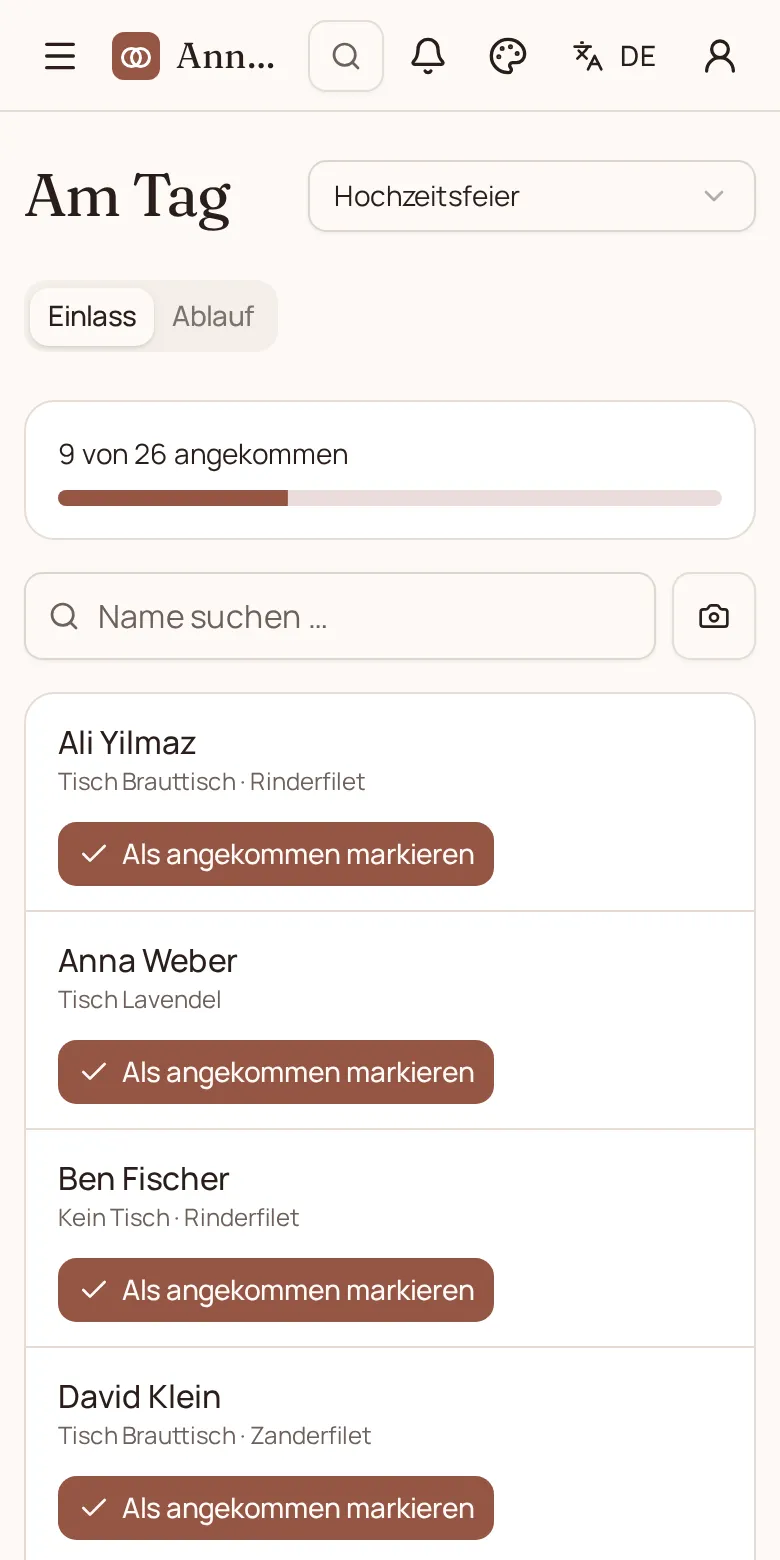 Einlass am Hochzeitstag auf dem Handy: Gäste suchen und abhaken