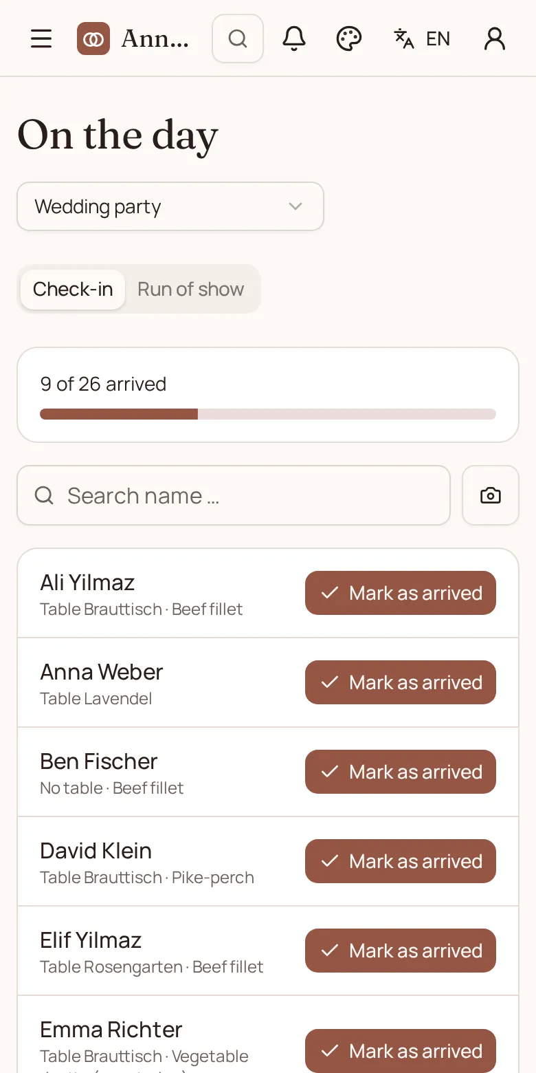 Check-in on the wedding day on a phone: search guests and tick them off