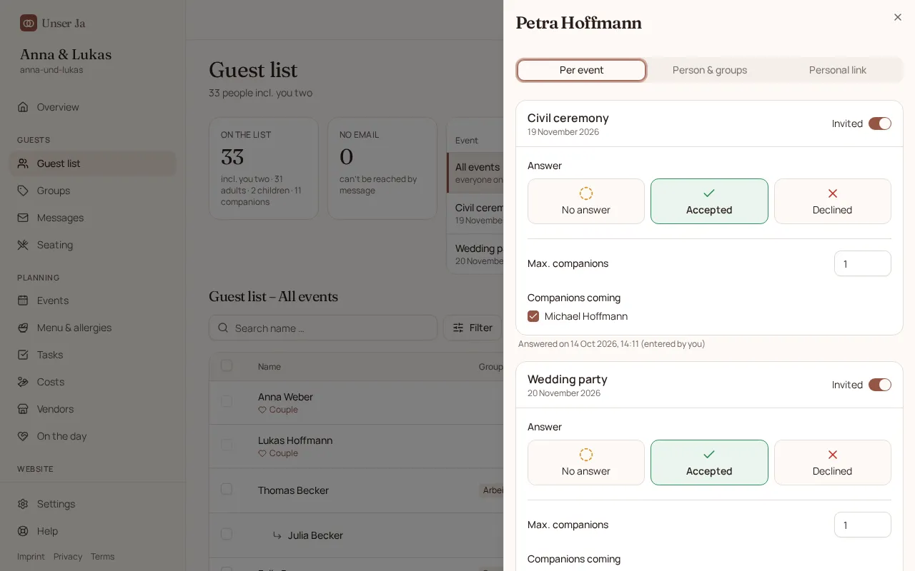 Guest details with reply, menu and plus-one per event