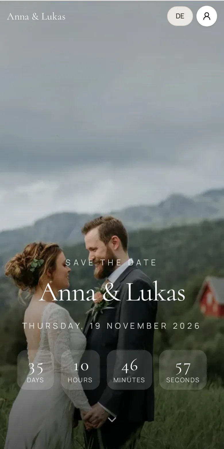 Save-the-date page on a phone with cover photo, names and date