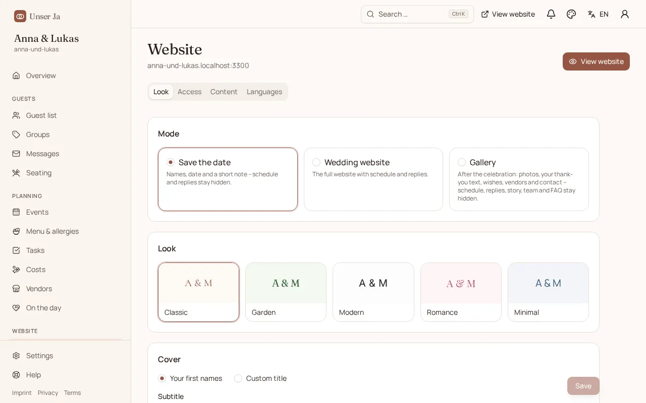 Website settings with the modes save the date, wedding website and gallery