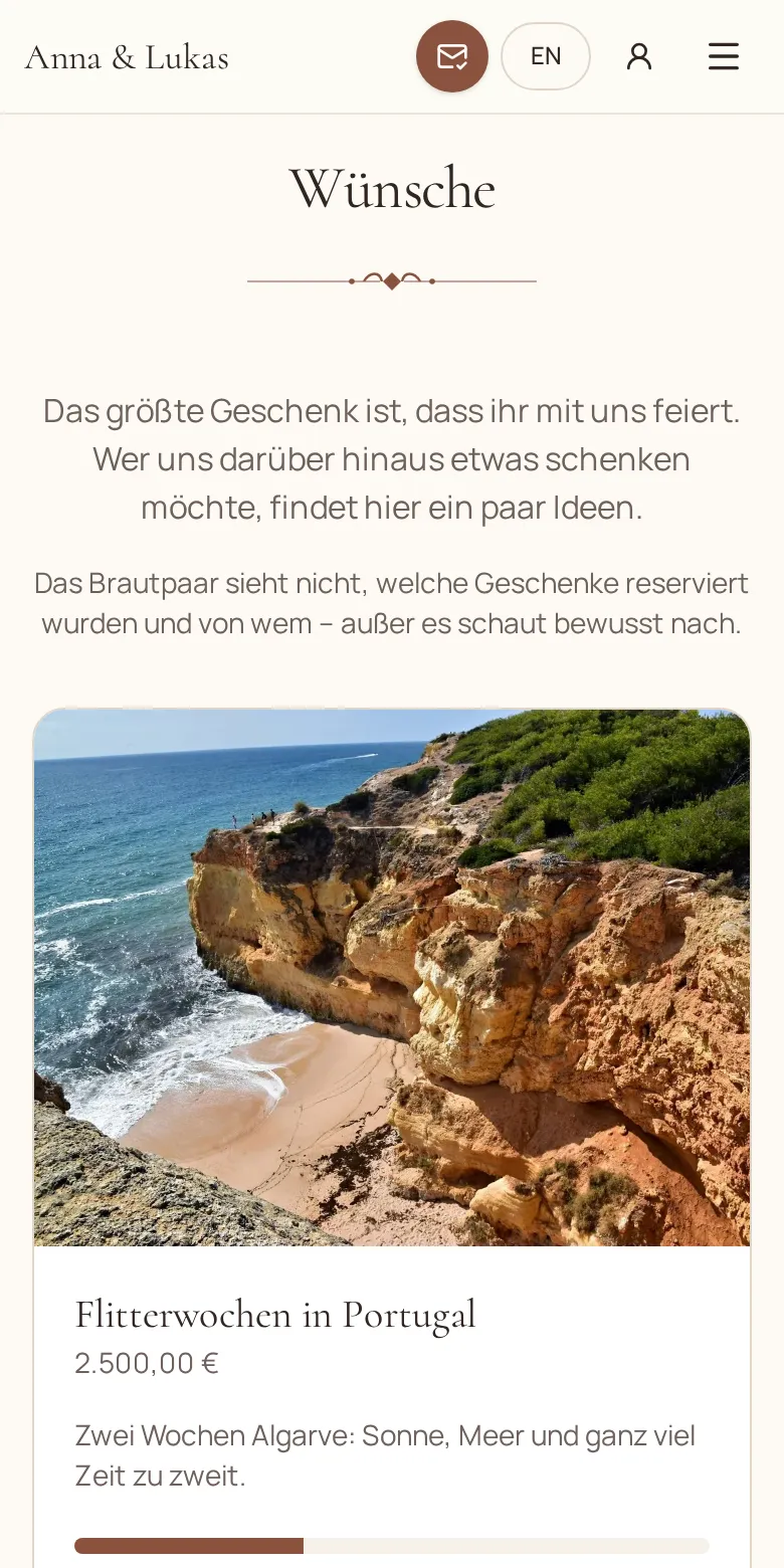 Wunschliste der Demo-Hochzeit auf dem Handy mit Geldwunsch für die Flitterwochen