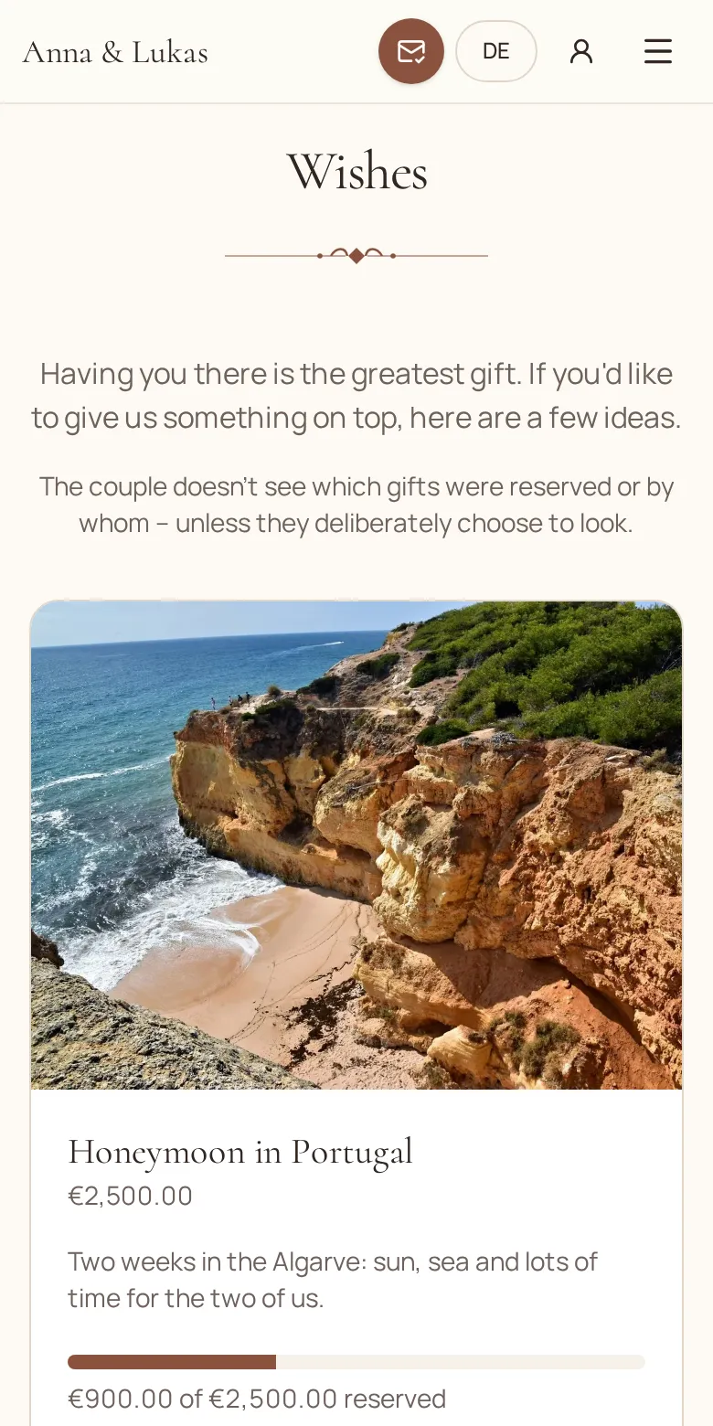 Gift registry of the demo wedding on a phone with a honeymoon fund