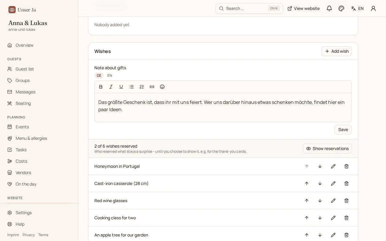 Gift registry in the planner: reservations are hidden